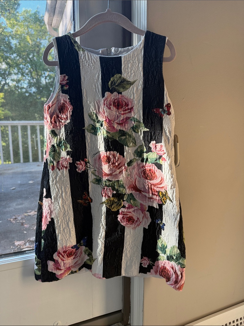Dolce & Gabbana Black, White and Pink Rose Stripe A-Line Dress